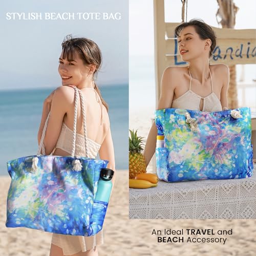 Clothirily Beach Bag for Women - Large Beach Tote Bag, Waterproof Sandproof Beach Bag with Zipper, Large Swim Pool Beach Tote - color: Tie Dye Blue