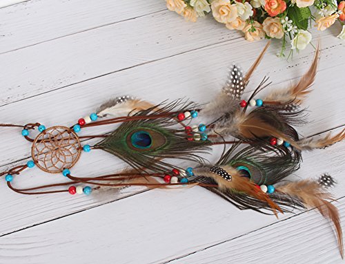 Women Lady Bohemian Peacock Feather Headband Dreamcatcher Headdress Hippie Headpiece Headwear Handmade Tribal Indian Fascinator Feather Hairband Hair Accessories - color: brown