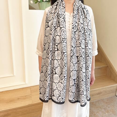 Long Silk Like Scarf Lightweight Satin Scarves Large Sunscreen Shawl Wrap for Women - color: 022.flowers Black and White