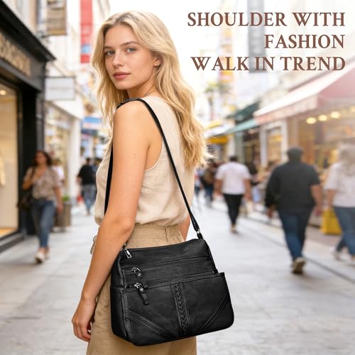 ELDA Crossbody Bags For Women Pocketbooks Soft PU Leather Purses and Handbags Multi Pocket Shoulder Bag - color: X-black