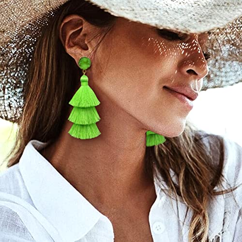 Me&Hz Colorful Layered Tassel Earrings Bohemian Statement Tiered Tassel Big Dangle Drop Earrings for Women Druzy Studs Valentine’s Day Gift - color: Fluogreen