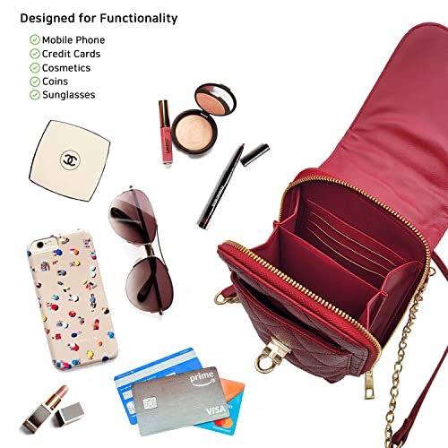 Phone Crossbody Bags for Women Small Vegan Leather Mini Shoulder Wallet Card Quilted Purse - color: D - Red