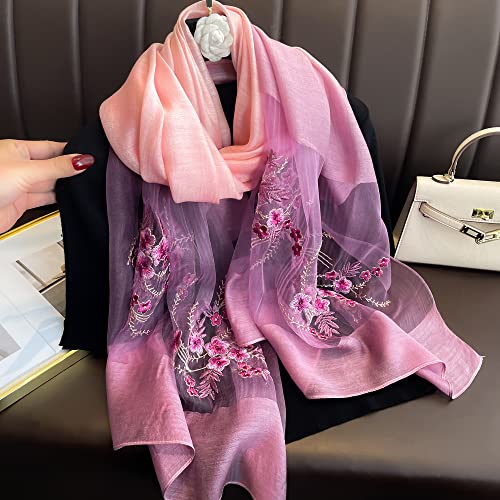 WINCESS YU Women Mulberry Silk Scarf Long & Large Embroidered Floral Pattern Shawl and Wraps Neckerchief for Hair & Neck - color: Gradient Pink