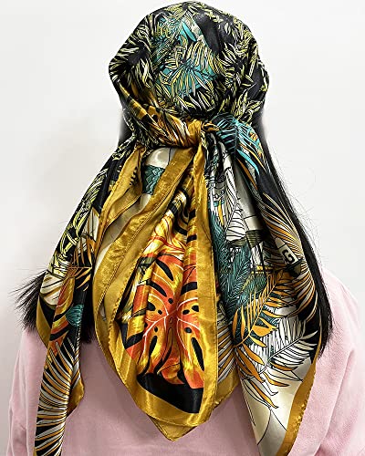 Julunar Silk Like Head Scarf for Women - Satin Large Hair Scarves - 35" Square Silk Hair Wrap for Sleeping with Gift Packed - color: A000-1 Leaves Orange
