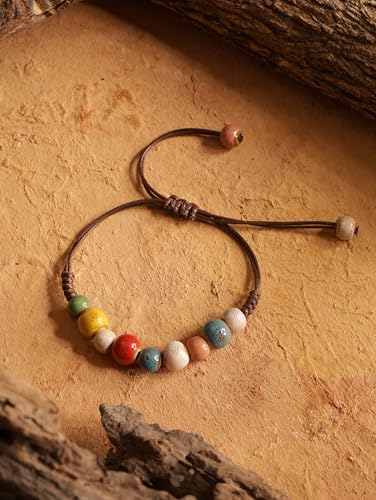 MINACHI Bohemian Colorful Ceramic Bead Adjustable Leather Bracelet, Boho Hippie Summer Jewelry Gift for Women - color: S02A