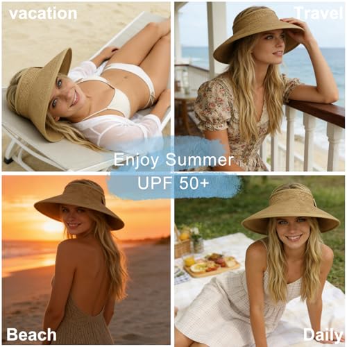 Women's Sun Visor Hats Wide Brim Beach Hat Straw Ponytail Visor Packable Foldable UPF 50+ Floppy Travel Hats - color: Khaki01