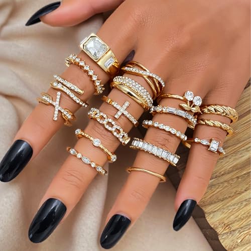 17IF 18 PCS Dainty 14K Gold Ring Set for Women Sparkle Chunky Quartet Diamoned Clean Aesthetic Cross Snake Cherry Classy Designs Plus Size for Stacking on Thumb Knuckle