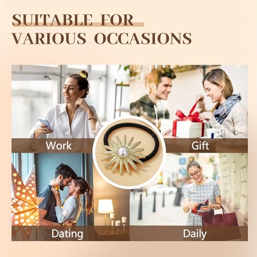 3PCS Gold Hair Ties, Metal Hair Ties for Thick Hair, Gold Ponytail Cuff Elegant Durable Geometric Design, Hair Accessories for Women, Stretchy & Non Damage Ponytail Holders with Pendant Holiday Gifts - color: Gold Set 08