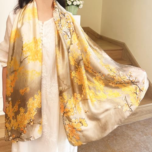 Long Silk Like Scarf Lightweight Satin Scarves Large Sunscreen Shawl Wrap for Women - color: 021.flowers Yellow