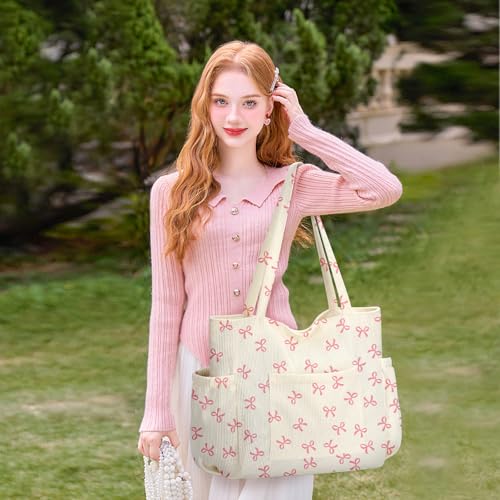 Corduroy Tote Bag for Women,Large Capacity Cute Tote Bags With 6 Pockets,Crossbody Shoulder Handbag for Work Travel Gym - color: Pink Bows