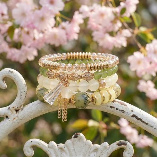 Bohemian Bracelet Sets for Women - 4-Pack Stackable Stretch Bead Bracelets with Black＆White Crystal & Gold Accessories, Multi-Layer Boho Jewelry - color: green