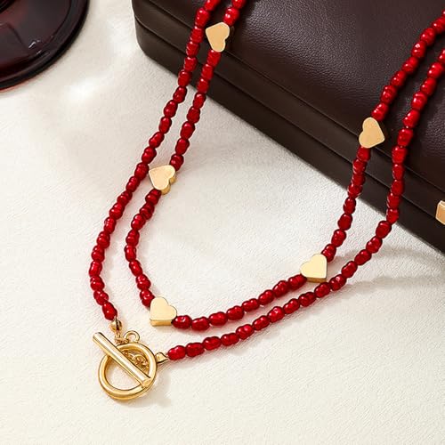 Red Beaded Necklace for Women Choker Gold Toggle Clasp Layered Stack Dainty Statement Western Boho Trendy Summer Vacation Necklaces Birthday Jewelry Gifts - color: B2:Heart Beaded Necklace