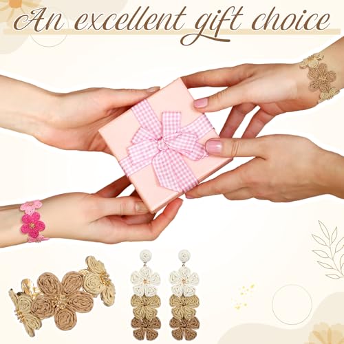 Tondiamo 3 Pcs Raffia Jewelry Set for Women Boho Daisy Flower Necklace, Open Cuff Bracelet, Earrings, Gift for Mom - color: Brown