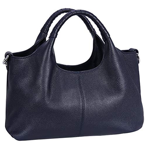 Iswee Genuine Leather Shoulder Bags Purses and Handbags for Women Satchel Designer Cross Body Hobo Medium Size Tote - color: Navy Blue
