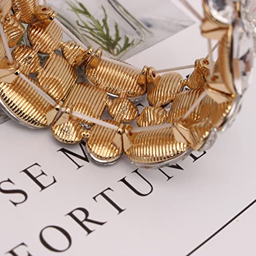 Women’s Wedding Bridal Crystal Leaf Flower Stretch Bangle Elastic Wide Bracelet Jewelry for Brides Bridesmaid - color: White-Gold Plated
