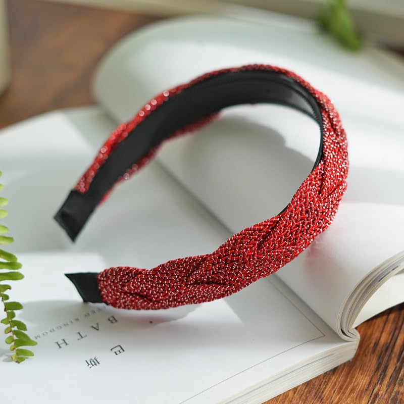Braided Headband for Women-Vintage Fabric High Crown Headband with Non-Slip Teeth, Cute Boho Knotted Hair Band for Women & Teens (31-Red, One Size) - color: 31-Red