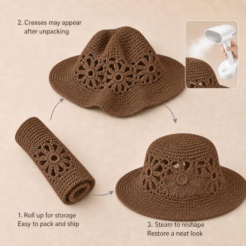 Handmade Women's Crochet Straw Bucket Hat Packable Daisy Beach Cap | Adjustable Inner Drawstring, Airy Lightweight Paper Fiber, Face Shade, Easy Storage, Feminine Openwork Floral Style - color: Coffee