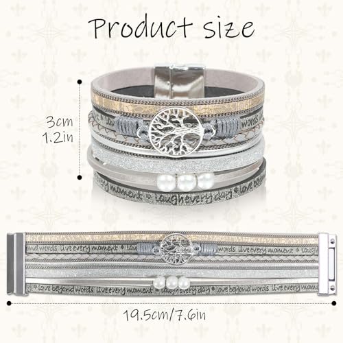 Leather Wrap Bracelet for Women, Boho Cuff Bracelet with Strong Clasp, Multi-Layer Crystal Leather Bracelet for Valentine Mother's Day - color: 02-Tree of Life-Gray