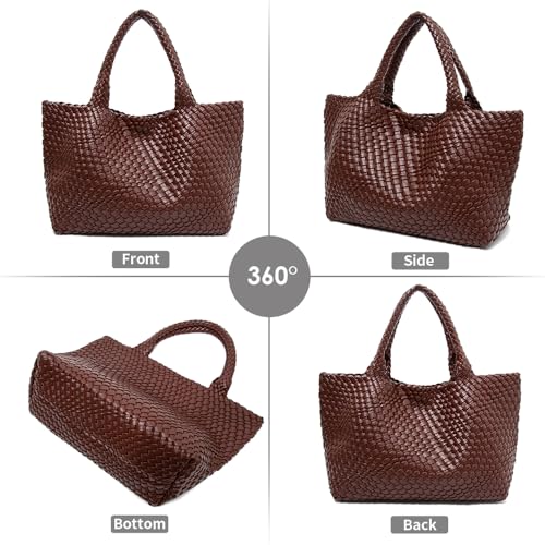 Handmade Woven Tote Bag for Women, Soft Vegan Leather Shoulder Bag with Purse, Large Travel Handbag - color: Red-brown