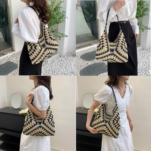 Straw Hobo Bag for Women 2026 Boho Woven Beach Purse Large Summer Straw Tote with Lining Black Raffia Shoulder Bag | straw material - color: Black1 With Khaki Strap