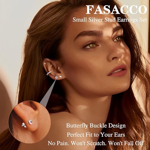 FASACCO Hypoallergenic Stainless Steel Earrings Set for Women Men | 316L Surgical Steel Silver Stud Hoop Earrings Sets for Multiple Piercing Small Cute Star Heart Butterfly Studs Huggies