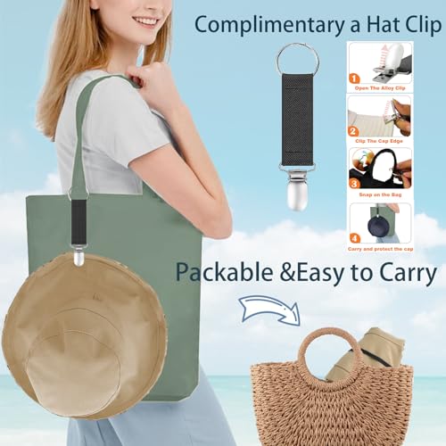 vidsel Womens Sun Hats Wide Brim Reversible Bucket Cotton Hat Packable Summer Travel Cap with Hat Clip,UV Protection - color: Khaki, size: Medium
