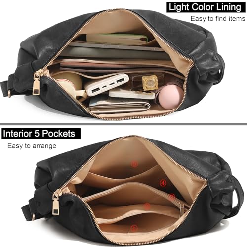 Hobo Bags for Women Foldable Vegan Leather Shoulder Handbag Slouchy Tote Crossbody Purses - color: Black