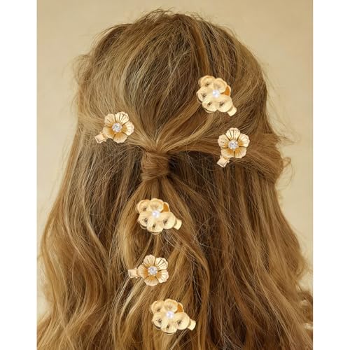 ANBALA 6Pcs Small Gold Hair Clips 2 Styles Elegant Flower Alligator Clips with Pearl and Rhinestone, Small Floral Gold Hair Accessories for Women Girls