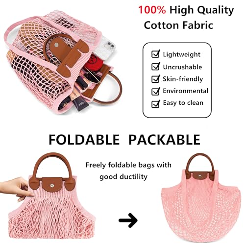 Hibala Woven Bag for Women, Fishing net bag,Straw Mesh Tote Bag, Beach,Hobo Bag, Foldable Large Capacity (Pink)