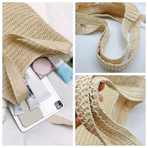 Aphoraeny Straw Beach Bag Buckets Totes Handbag Shoulder Tote Bag Straw Purse Summer Purse Women Summer Handbag - color: C-beige