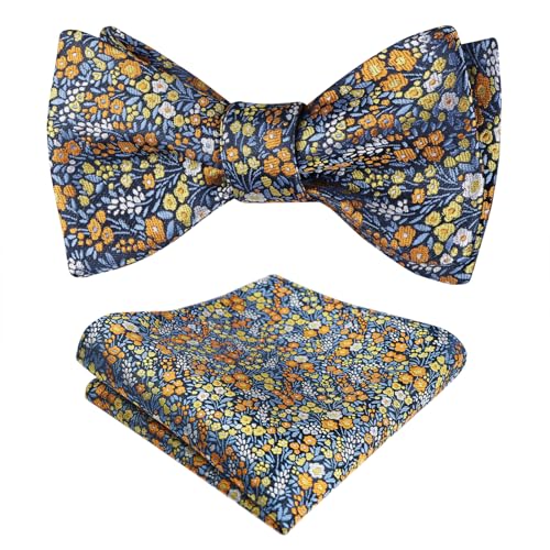 Alizeal Mens 2pcs Classic Floral Pattern Self-tied Bow Tie and Handkerchief Set - color: 045-blue/ Orange/ Yellow