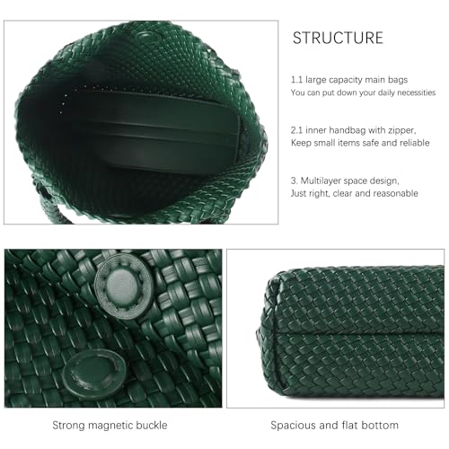 Hand Woven Bag Tote BagS For Women Top Handle Shoulder Vegan Leather Large Travel Beach Hobo Handbag - color: Dark Green