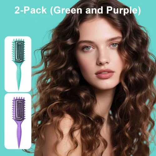 2-Pack Curly Hair Brush, Curl Defining Brush with Soft Boar Bristles Detangling Tangled Glides,Wide-Teeth Design Effortlessly Shaping & Defining Curls,Curling Definer for Wet & Dry Hair (Green Purple) - color: Green Purple