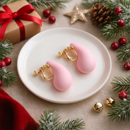 14K Gold Clip On Earrings Women,Teardrop Chunky Detachable Hoop Clip-On Earrings for Non Pierced Ears Hypoallergenic Lightweight Earring Clips - color: Pink