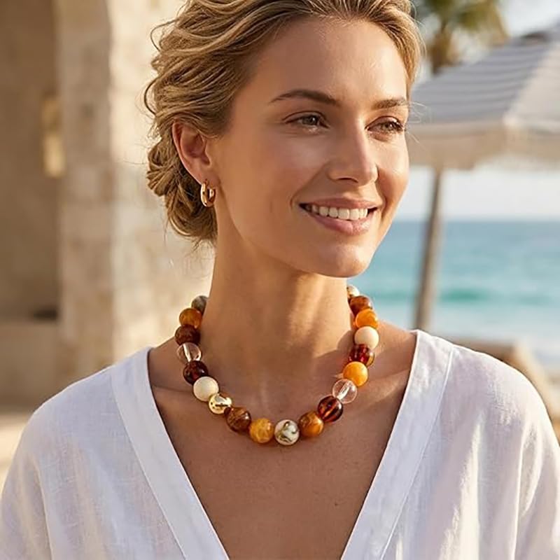 Dopamine Colorful Beaded Chunky Necklace for Women, Gold Large Round Resin Bold Beads Summer Boho Beach Vacation Jewelry - color: Brown
