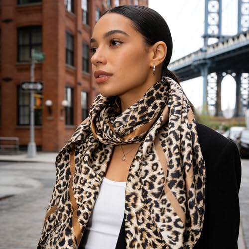 UTOWO Vintage Leopard Print Square Scarf, Light Khaki Satin Silk Feeling Bandana, Women’s Stylish Neck & Head Scarf