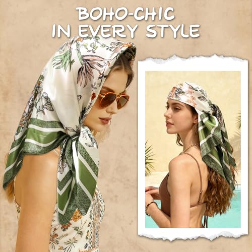 Large Square Head Scarf Bandana - 35" Satin Hair Scarf for Women Like Silk Scarf Fashion Hair Wrapping - color: Garden Butterfly(green), size: 35IN*35IN