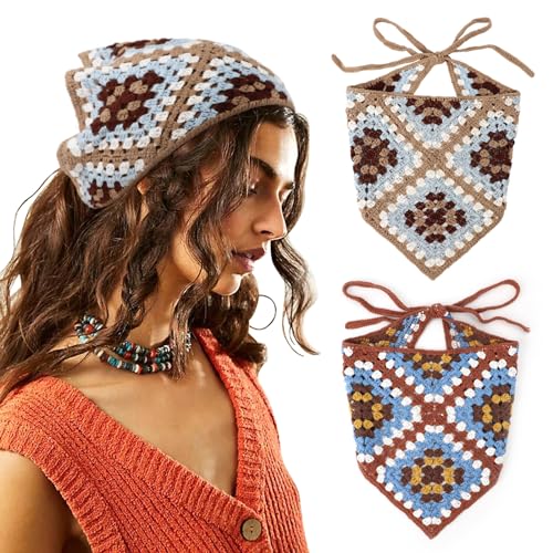 DRESHOW Floral Crochet Hair Bandana Tie Knotted Headscarf Vintage Headband Knitted Head Kerchief for Women Girls - color: 2 Pcs Floral (Burgundy + Khaki)