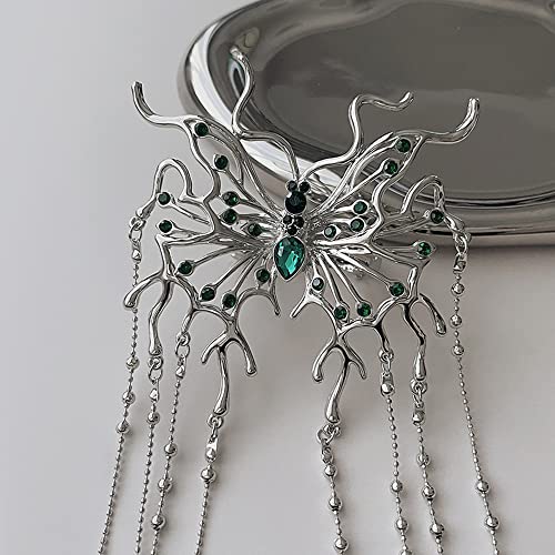 Jumwrit Silver Rhinestone Hair Clip Semi Circle Hair Barrette Long Beaded Chain Tassel Ponytail Holder Clip Boho Big Spider Hair Clip Bling Hair Accessories for Women Girls