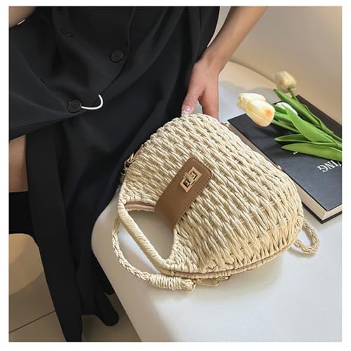 Handmade Straw Woven Bag Beach Clutch Purses Women Vacation Shell Shoulder Crossbody Summer Dumpling Handbag Basket Tote - color: A-beige