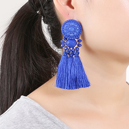 boderier Bohemian Statement Thread Tassel Chandelier Drop Dangle Earrings with Cassandra Button Stud - color: Royal Blue
