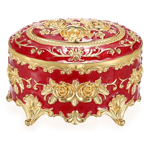 Hipiwe Oval Jewelry Box Classic Metal Trinket Organizer Ring Storage Box with Rose Pattern Jewelry Storage Box for Ring Earrings Necklace, Gift for Women, Red - color: Red