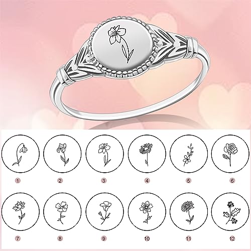 Birth Month Ring for Women Personalized Birthday Flower Signet Rings 925 Sterling Silver Vintage Rings Personalized Gift with Birth Flowers for Mom Daughter Girlfriend Wife Friend - color: Style 2