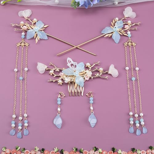HINZIC 5pcs Flower Tassels Hairpin for Women, Non-Slip Crystal Pearl Greenstick Hair Clips, Retro Chinese Hanfu Wedding Brides Hair Accessories for Long Hair - color: Blue Branch