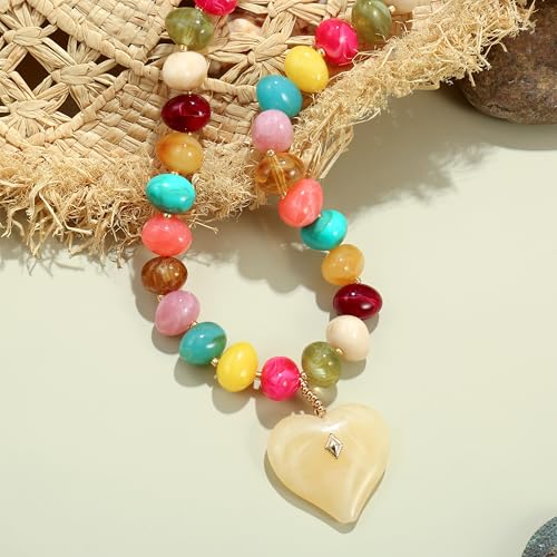 Elegance 11 designs Chunky Heart Necklace for Women, Colorful Acrylic Beaded Statement Puff Heart Necklace, Cute Boho Y2K Choker Necklace for Gift Jewelry - color: Yellow Heart Pendant Necklace