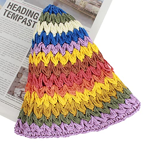 Women Straw Sun Hat Floral Woven Crochet Bucket Hat Y2k Aesthetic Accessories Beach Hat Hand Woven Boho Foldable Cap - color: Striped B