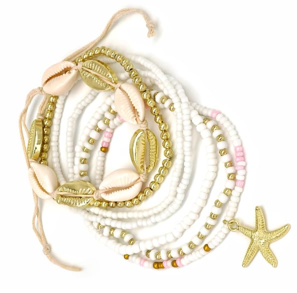 Beach shell sea star sea bead anklet set for Women, adjustable gold-plated Bohemian shell bracelet for ankle Fashion Layered anklet - color: Starfish 7Pcs