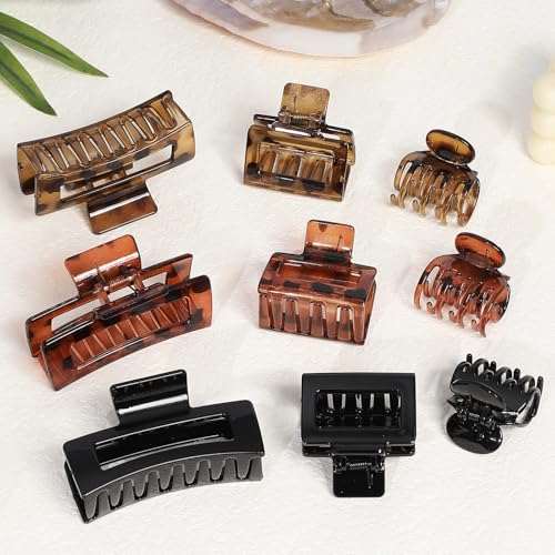CHANDAT Medium Claw Hair Clips Set for Women - 3 Styles, 9PCS Rectangle Hair Clips for Thick Hair, Square Clips for Thin Hair - Leopard - color: Leopard