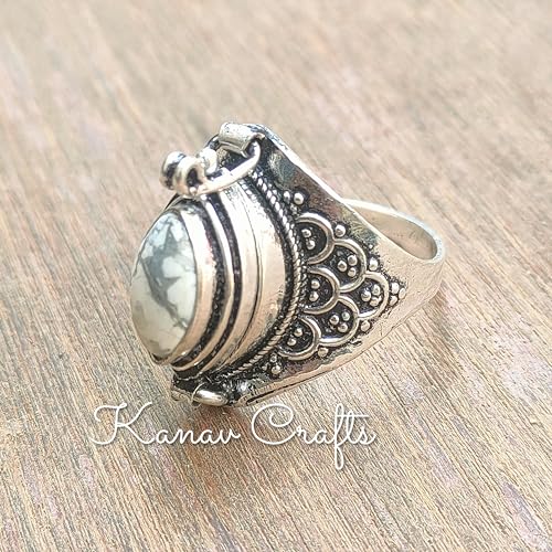 White Howlite Ring, Poison Box Ring, Marquise Stone Ring, White Turquoise Ring, Poison Ring, PillBox Ring, Openable Poison Ring, White Marble Ring, Handmade Poison Ring, Secret Stash Jewelry