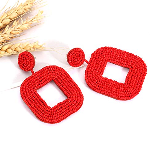 Beaded Drop Earrings Multicolored Seed Bead Earrings for Women Bohemia Statement Square Bead Hoop Dangle Earrings for Wedding Party Vacation - color: D Red
